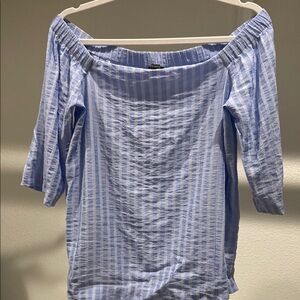 Ann Taylor Blue and White Ruched Off-Shoulder Blouse